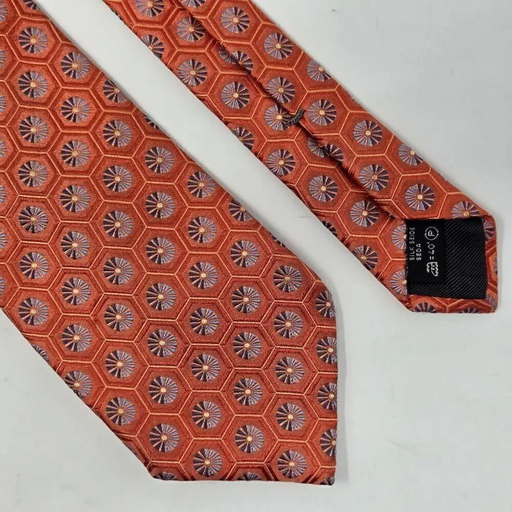 ERMENEGILDO ZEGNA SILK TIE ORANGE HEXAGON BLUE PINWHEEL SATIN LUXURY 3.5